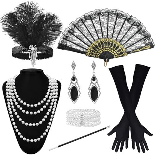 Vervora 7 TLG 20er Jahre Kostüm Damen Accessoires Set, Charleston Flapper Zubehör mit Feder Stirnband Perlenkette Handschuhe Spitzenfächer Ohrringe Armband Retro Foto Requisite für Fasching