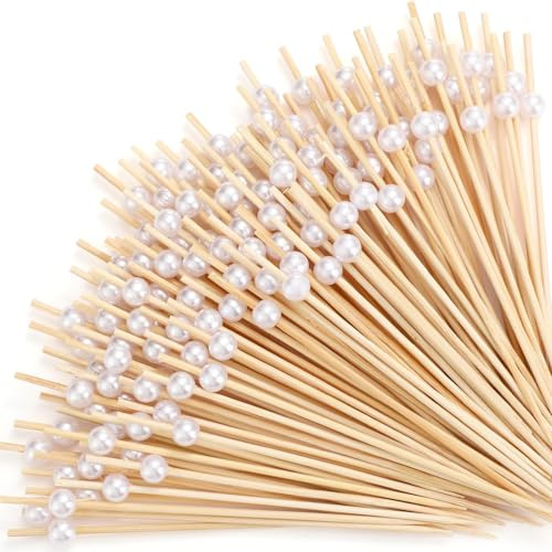 IHLOOTD 200 Piezas Palillos Madera Coctel con Perlas, Accesorios de Decoración para Cócteles, Palillos Aperitivo Decorativos 12 cm para Boda Cumpleaños Fiesta Carnaval (Blanco)