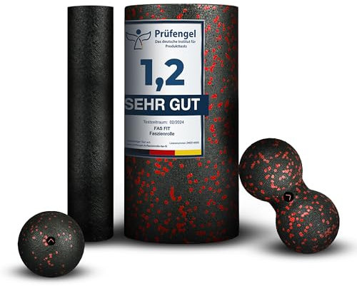Fas Fit Faszienrolle Faszienball Selbst-Massage Set rot 4teilig – Faszien-Set für Rücken, Wirbelsäule, Pilates – inkl. Poster, Übungsheft, E-Book und Turnbeutel – inkl. Nackenrolle Massageball Duoball