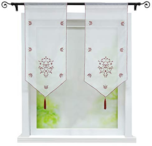 Joyswahl tenda a pannello, da bistrot, in voile, con nappa, motivo floreale Erna, corta, con cordoncino, 40 x 90 cm (larghezza x altezza),color vinaccia, confezione da 1