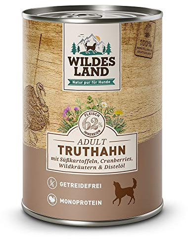 WILDES LAND – Truthahn | Nassfutter mit extra hohem Fleischanteil und natürlichen Zutaten für ausgewachsene Hunde. Getreidefreies Alleinfutter ohne Zusatzstoffe in der Dose | 6x400g Truthahn