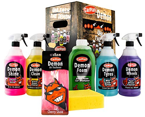 CarPlan Demon Kit d’Entretien Auto 7 Pièces – Shampooing Voiture, Nettoyant Jantes, Nettoyant Intérieur, Lustrant Pneus, Spray Brillance, Éponge et Désodorisant Voiture