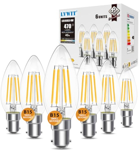 LVWIT 4W C35 Small Bayonet Bulb 40W Incandescent Bulbs Equivalent, B15 LED Filament Candle Bulb,470Lm, 2700K Warm White Candle B15 Bulbs Small Bayonet,220-240V,NO-Dimmable,(35MM*97MM/ 6 PCS)