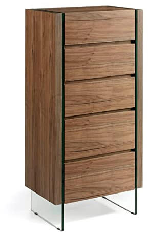 Angelo Cerdá - Chifonier in legno di noce e vetro temperato - Cassettiera stretta e alta con cinque cassetti e chiusura soft-closing - Sinfonier moderno