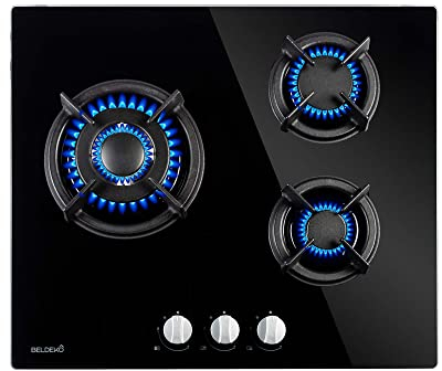 Plaque de cuisson gaz 3 foyers – Verre noir – Brûleur double couronne 3 300 W – Grilles fonte – Encastrable 55.3 × 47.3 cm – Livrée en gaz bouteille + injecteurs pour ville – Marque française