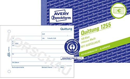 AVERY Zweckform 1255 Quittungsblock (A6 quer, inkl. MwSt,von Rechtsexperten geprüft, für DE/AT zur ordnungsgemäßen Buchführung, 100 Blatt,100% recycelt, Blauer Engel-zertifiziert) weiß