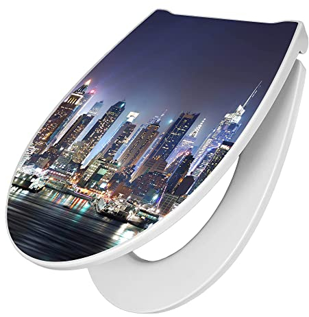 banjado Premium Toilettendeckel mit Absenkautomatik 45x38,4cm / WC Brille Soft Close/hygienischer Toilettendeckel/Klodeckel Duroplast mit Edelstahl Scharnier/Motiv New York
