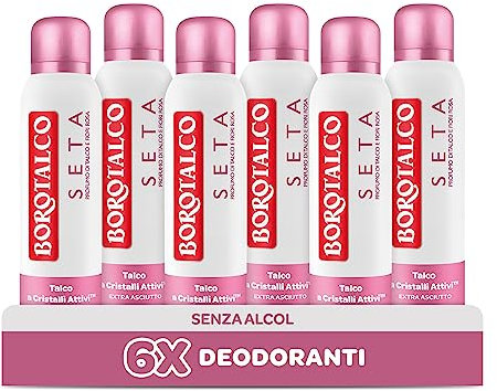 Borotalco Deodorante Seta, Profumo di Talco e Fiori Rosa, Deodorante Donna Spray con Talco a Cristalli Attivi, Tripla Protezione Asciutta per 48 Ore, Senza Alcool - 6 Flaconi da 150 ml