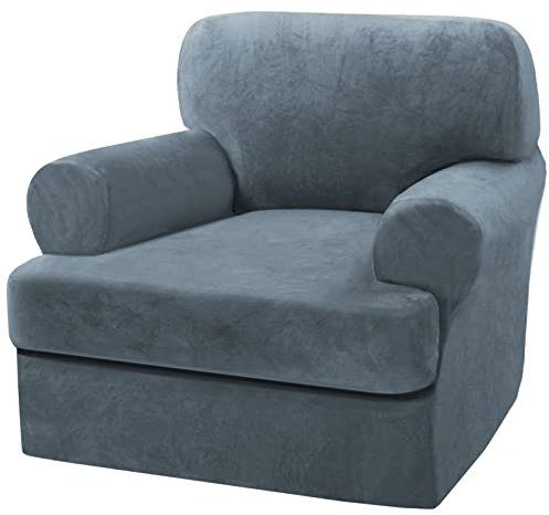 H.VERSAILTEX Sofa Cover 2 Piece T Cushion Armchair Slipcovers Thick Velvet Couch Cover Furniture Protector Stretch T Cushion Sofa Covers for 1 Cushion Couch with 1 T Cushion Covers, Stone Blue