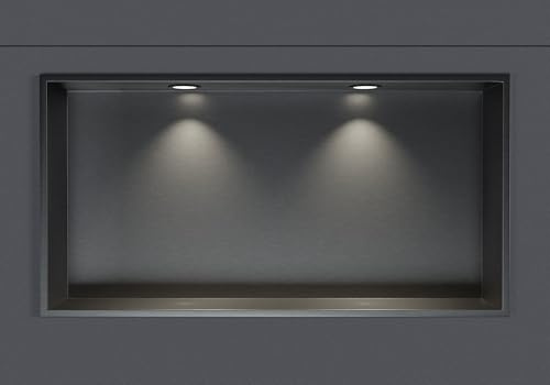 Wandnische aus Edelstahl NT306010X Mit LED-Spot - 30 x 60 x 10 cm (H x B x T) - Farbe Wählbar, Farbe:Gunmetal, LED-Spot:2x Einbaurahmen Schwarz Matt
