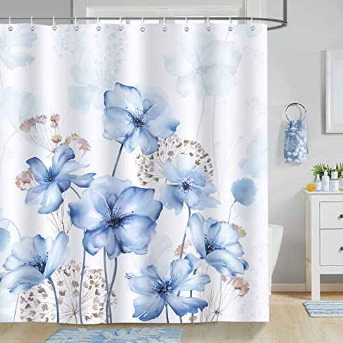 Bonhause Duschvorhang Blaue Blumen Duschvorhänge 180 x 180 cm Anti-Schimmel Wasserdicht Polyester Stoff Waschbar Bad Vorhäng für Badzimmer mit 12 Haken