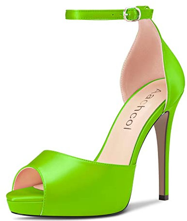 Aachcol Donna Piattaforma Sandali Aperte sulla Punta Cinturino alla Caviglia Spillo Alto High Tacco Heel Dress Scarpe Pumps da Matrimonio Raso Verde Lime 12 CM 37 EU