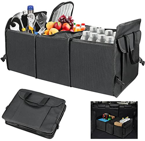 Wiksite Foldable Car Boot Organiser - Waterproof & Durable with 4 Pockets + 1 Insulated Space, Tidy Storage Box for SUV/Truck (Black)
