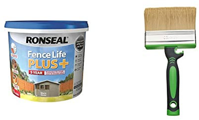 Ronseal RSLFLPPWS5L Fence Life Plus, Warm Stone, 5 Litre & Fit for The Job 4 inch Large Capacity Shed and Fence Block Brush