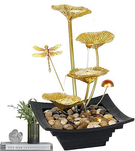 Tuzsocr Tischbrunnen aus Metall, Zimmerbrunnen mit LED-Beleuchtung, Basteln, Dekoration von Wasserfall, Ornamente, fließendes Wasser, für die Dekoration des Hauses, Büromöbel (Stil 2)