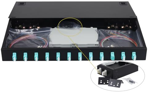 fyboptwu Caja de fibra óptica de montaje en rack, 24 puertos LC-OM3 multimodo, negro, incluye bandejas de empalme, panel de conexión, coletas y acopladores para armario de rack de 19 pulgadas