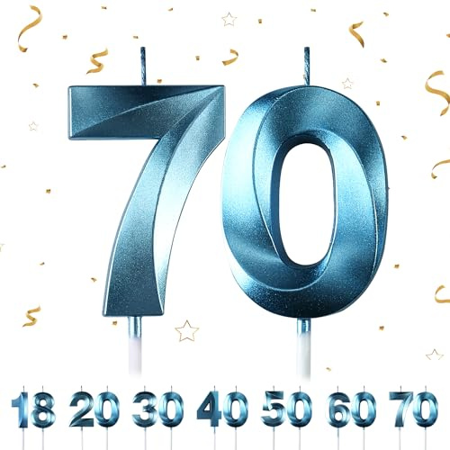 Geburtstagskerzen Zahlen 70,Blau Geburtstagskerzen, 3D Diamant Form Kuchen Kerzen Zahl 18 20 30 40 50 60 70 Glitzer Kuchen Topper Dekoration für Hochzeit Geburtstag Jubiläum