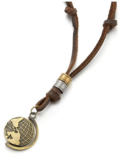COOLSTEELANDBEYOND Vintage Weltkarte Erde Globus Anhänger Antiquität Bronze, Unisex Halskette für Herren Damen, mit Braun Lederschnur