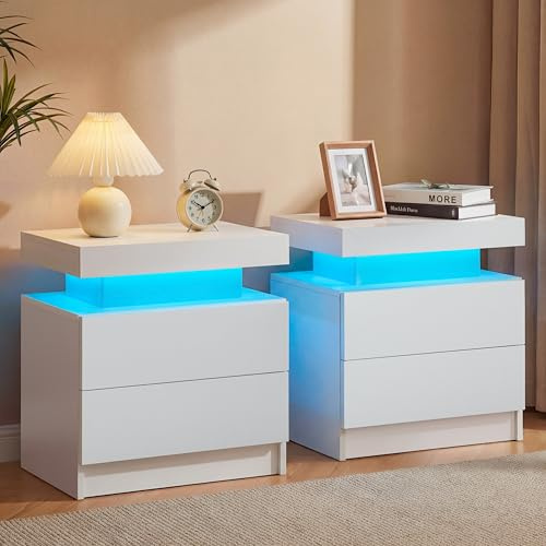 Cubehom Nachttisch 2er Set, Weiß, LED-Beleuchtung, 2 Schubladen | Nachtschrank 2er Set & Beistelltisch mit 16 RGB-Farben, App- & Fernbedienung, 49 × 35 × 52 cm