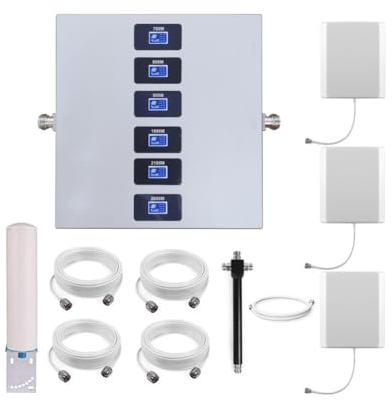 KKBSTR Amplificador Señal Movil 2G/3G/4G/5G, 6 Bandas 700/800/900/1800/2100/2600MHz, Tres Antenas Interiores
