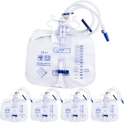 5 Pack 2000ml Urine Drainage Bag with 48 Tube, Leak Proof Anti Reflux with Cross-Shaped Drainage Valve and Dual Hook for Easy Hanging