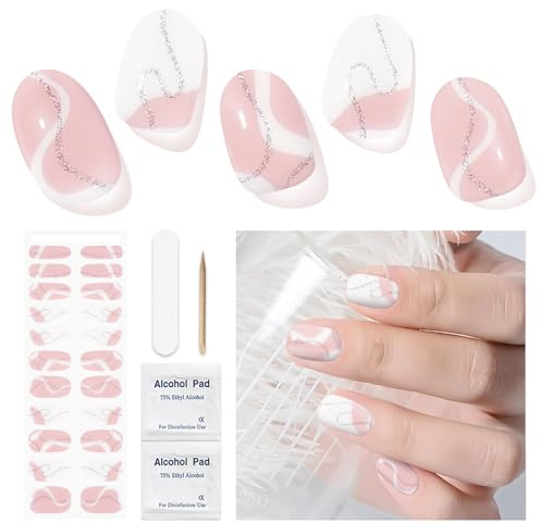 Gelnägel zum Aufkleben - 22 Stück Nagelfolie French Gel Nail Strips Nagelfolien Selbstklebend Nail Art Sticker for Wedding Gel Nagelfolie Inklusive Prep Pads, Nagelfeile und Holzstäbchen
