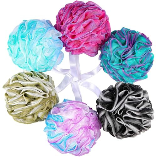 6 Pack 75g/Pc Large Loofahs Shower Sponge, Mesh Pouf Bath Sponges Exfoliating Body Scrubber Shower Scrunchies (A Color)