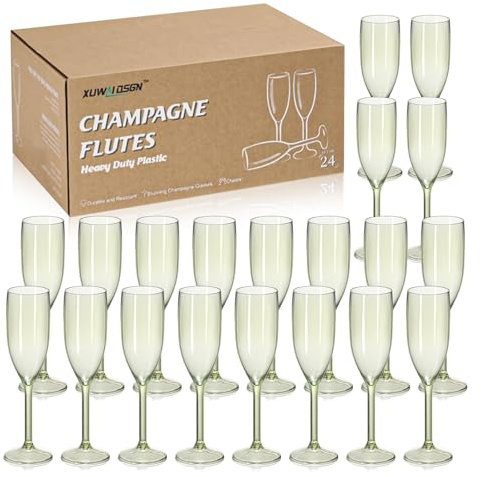 XUWAIDSGN 24 Pcs Reusable Champagne Flutes Plastic Wine Glasses Bulk Vintage Champagne Flutes Mimosa Bar Glasses Stemmed Drinking Cups 5.4OZ for Christmas Birthday Wedding Bride