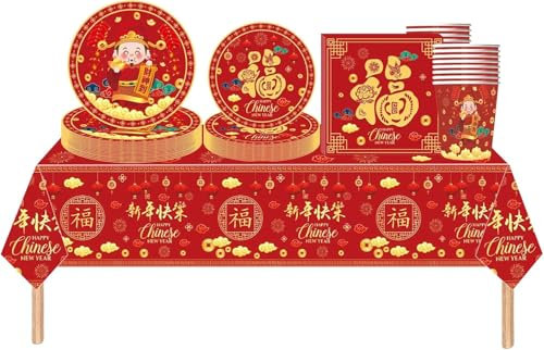 Yayafunfun 69pcs Chinese New Year Eve Party Tableware Set, Red Plastic Table Cloth, 'Fu' Party Plates, Cups, Napkins, Decorations for 2025 Spring Festival