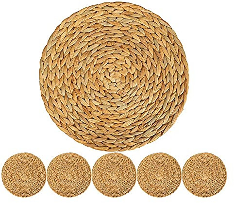ZJHESXV Water Hyacinth Placemats Set of 6 - Round Braided Washable Mats for Dining Table - Heat Resistant Coasters and Non-Slip Cup Mat for Kitchen Décor