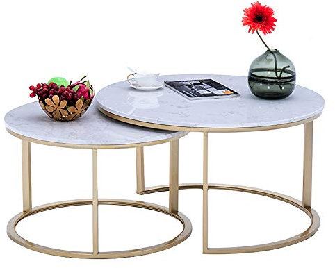 MEILISHAOMEI Moderner Satztisch aus Marmor, Beistelltisch, Akzenttisch, 2er-Set, Schreibtisch aus weißem Marmor und Goldener Metallrahmen