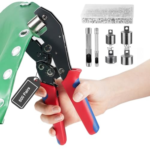 500PCS 6+10mm Eyelet Punch Kit, Grommet Tool Kit for DIY, Interchangeable Head Grommet Press with Silver Eyelets and Grommets for PVC Banners, Tarpaulins, Cardboard, etc