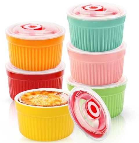 WPPQWP Juego de 6 cuencos de cerámica para crema Brulee, diámetro de 9 cm, 220 ml, con tapa, aptos para horno, para postres, mini cazuelas de colores, para hornear en la cocina (color de 9 cm de