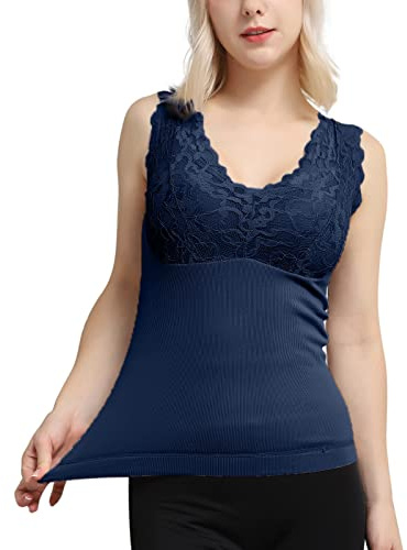 Générique Tops Femme Chemises Thermiques sans Manches pour Femmes avec Soutien-Gorge intégré col en V sous-vêtements doublés en Polaire débardeurs Thermiques Gilet Body Manches (Dark Blue, One Size)