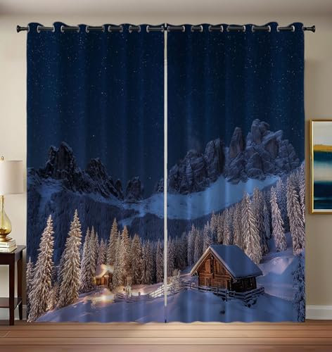 CEDNXOER Vorhang Blickdicht Sternenhimmel Natur, Kinderzimmer Deko Verdunkelung Gardine Wald Holzhaus, 2er Set H 225 x B 140 cm Thermovorhang Fenster Vorhänge mit Ösen für Wohnzimmer