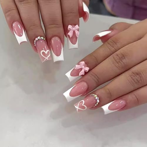 JSRQT Unghie Finte Adesive Francese Rosa Nude Fiocco Cuore con Colla Press On Nails Lunghe Tip Glitterate Ballerina French Fake Gel per Donna Ragazze Copertura Completa Falsi Manicure Decorazioni