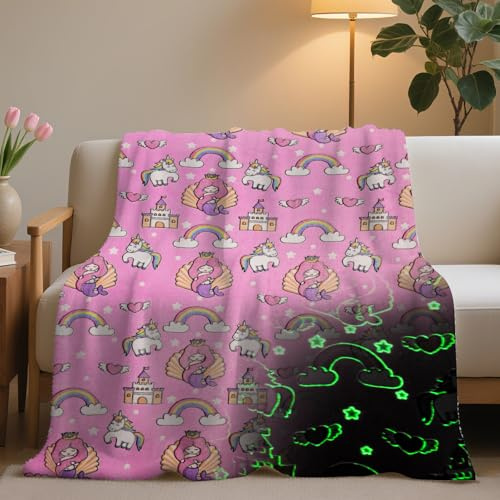 HZVRTN Kuscheldecke Kinder Einhorn/Dinosaurier/Weltraum Decke, kuscheldecke leuchtet im Dunkeln, warme Decke Flauschige Geschenke für Jungs mädchen Sofa Kinderdecke (Einhorn G, 130x150cm)