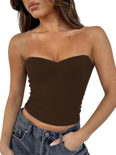 FOFAINWE Damen Sexy Trägerlos Röhrenoberteile Rückenfrei Bandeau Ärmellos Basic Ausgehen Tops Sommer Tank Top(Dark Brown,XS)