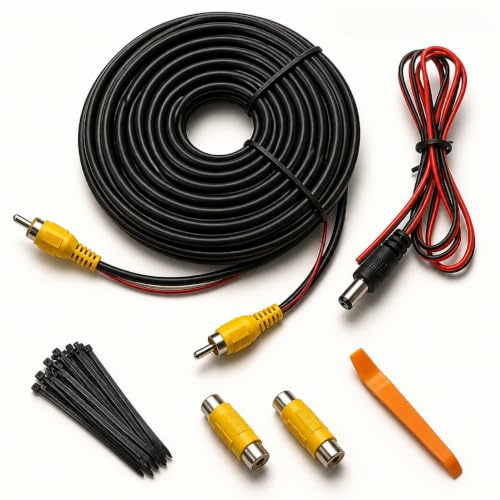 CYZBL Kit di cavi video RCA per auto, 10 m, cavo di alimentazione CC da 1 m, 2 adattatori, 100 fascette e leva, per telecamera di retromarcia/DVD/TV audio con cavo di rilevazione