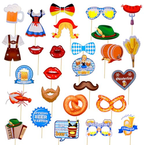 ZoeWei Oktoberfest Deko, 28 Stück Bayrische Fotobox Accessoires, Bunt, Papier, DECORATIVE_CUTOUT, Oktoberfest, Weihnachten