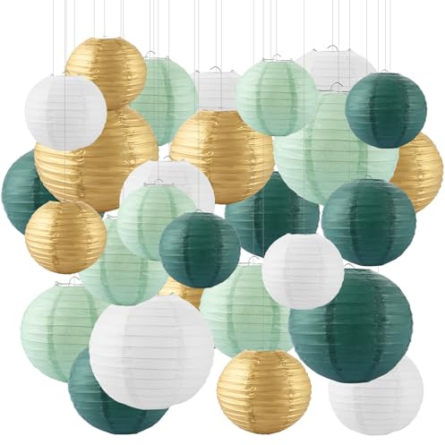 MIVIDE Papierlaternen Salbei Grün Weiß Gold Ø 15cm/20cm/25cm/30cm, 28 Stück | Runde Papierlampion Papierlaterne für Hochzeiten, Geburtstage, Partys und Veranstaltungen