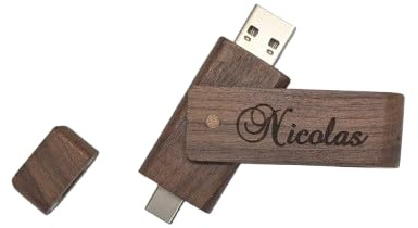 Clé USB 64Go en Bois gravé - Couleur Chocolat - Cadeau personnalisé - Anniversaire, Noel, fête des pères, fête des mères ou Autre evenement - 2 en 1 (USB/USB-C)