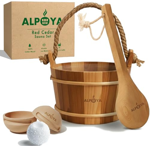 ALPOYA® Sauna Bucket and Ladle Set, Handmade Canadian Cedar Wood, 1 Gallon (4L) Wooden Sauna Water Bucket with Handle, Aromatic Ice Mold Included, Home Sauna Accessories Kit for Steam Experience