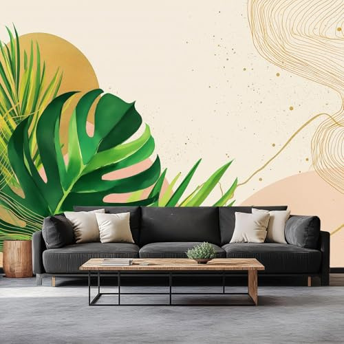 Genérico Fotomurales Hojas Palma Abstractas Estilo Bohemio, Papel Pintado Fotográfico Decoración de La Pared 200 x 140 cm Para Salón Dormitorio Habitación Infantil Pared de Tv, Beige