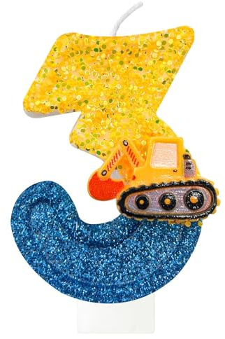 Fesnova Vela de cumpleaños número 3 con diseño de excavadora, diseño brillante (azul y amarillo, 3 años)
