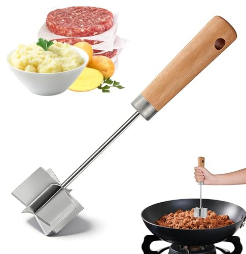 BelleFlair Hachoir à viande en acier inoxydable, Presse-purée à manche en bois 28 cm, Utile presse-purée polyvalent, Résistant à la chaleur, Accessoire de cuisine.