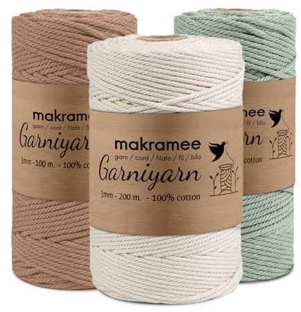 GarniyarN makramégarn 3 mm, 400 m, natural, mocha mousse, mint saga