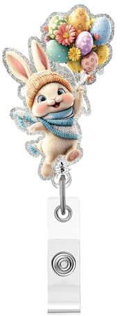 Bunny Badge Reel Retractable Cute Easter Badge Holder with Alligator Clip Rabbit Holding Balloon Designs Cute Nurse Badge Reel with Glitter for Nurse Doctor Student Office Worker Name ID Decor