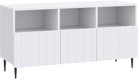 HETFTJN Mueble TV blanco 102x34,5x50 cm moderno mueble bajo de madera con 3 cajones y patas estables de acero, elegante mesa auxiliar para salón y accesorios multimedia