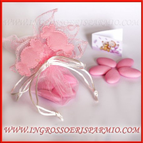 Sacchetto portaconfetti in tessuto rosa decorato con delle piccole caramelle stilizzate in tinta, venduto senza confetti - Bomoniera battesimo,comunione,nascita,compleanno (kit 48 pz)